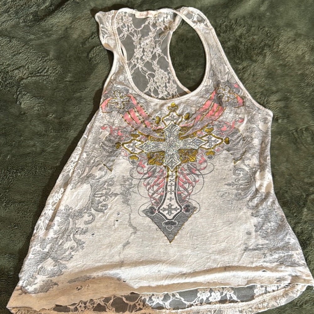 Women's Lace Tank Top with Cross Design